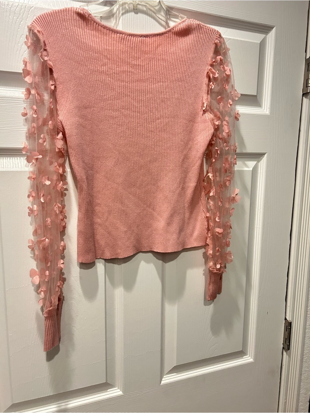 No Boundaries Pink Ribbed Top Sheer Floral Petal Sleeves Romantic Cottagecore - Picture 5 of 7